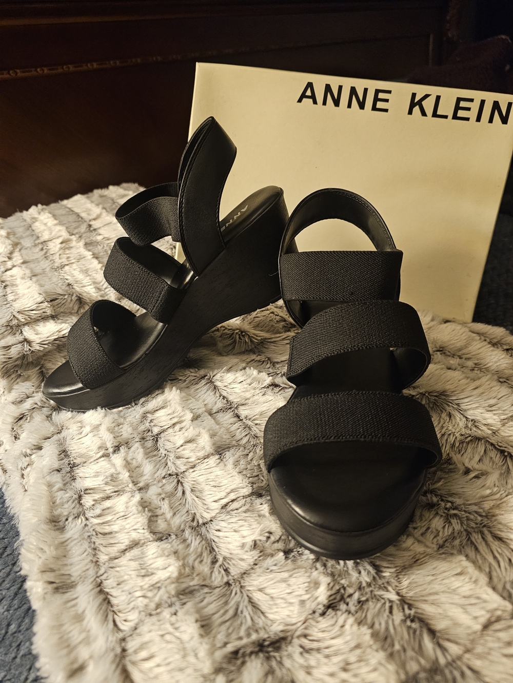 NEW Anne Klein Black Triple-Strap Wedge Sandals
